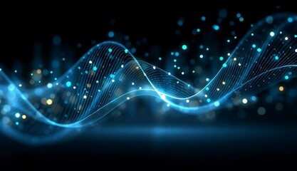 Wall Mural - Abstract blue digital background with glowing sound waves and data points on a black backdrop, an AI technology concept Generative AI