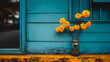 © Septhian - Yellow Flower Bouquet in Glass Jar on Bright Blue Wooden Wall
