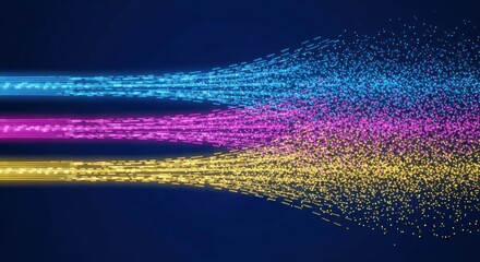Wall Mural - Three streams of colored particles converging on a dark blue background in a digital abstract art style