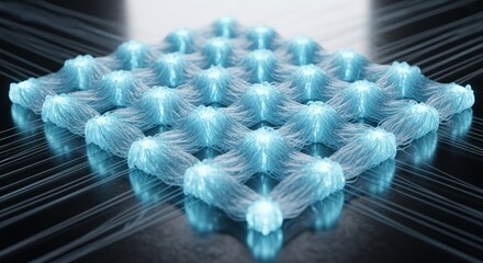 Wall Mural - a close up of a network of interconnected blue glowing structures on a reflective black surface