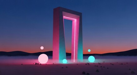 Wall Mural - A geometric portal structure with glowing orbs on a misty landscape under a twilight sky scene render