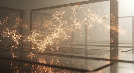 Wall Mural - glowing network of connected dots and lines floating in a reflective geometric space with haze
