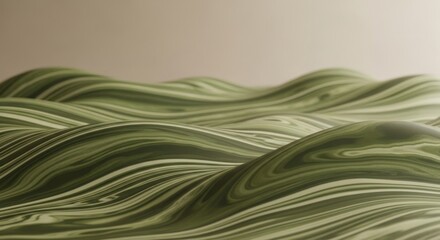 Wall Mural - A close up of an abstract wavy surface with green and white stripes under a soft beige background