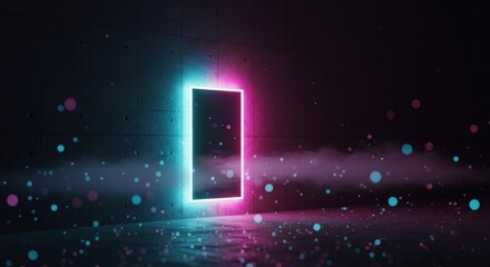 Wall Mural - A glowing rectangle portal in a dark room with floating particles and a reflective surface below it