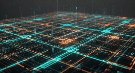 Wall Mural - An abstract grid with glowing turquoise and orange lines forming a complex network pattern on dark background