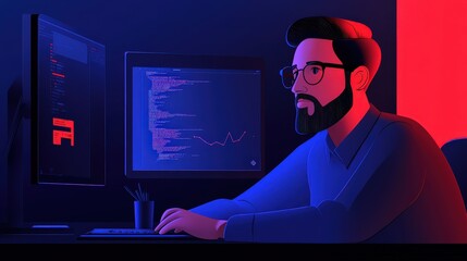 Focused Programmer Working Late at Night on Software Development Project