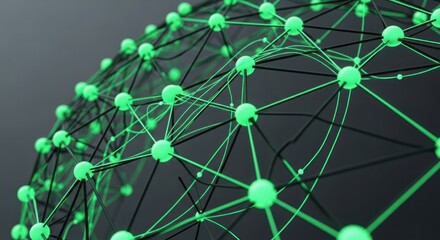 Wall Mural - A close up of a network of green spheres connected by black lines against a dark gray background
