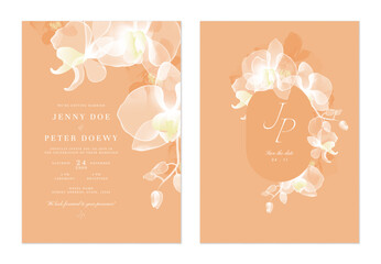Wall Mural - wedding invitation and save the date template set of delicate, translucent white phalaenopsis orchid