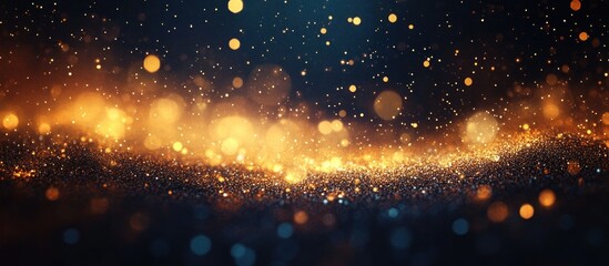 Wall Mural - Close-up view of golden sparkling particles glowing with warm light against a dark background, creating a magical and festive atmosphere