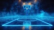 © sun - Empty basketball court with glowing blue neon lines and foggy atmosphere at night