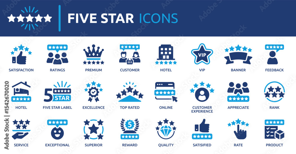 Five star icon set. Containing satisfaction, review, rating, premium ...