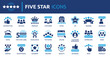 © Icons-Studio - Five star icon set. Containing satisfaction, review, rating, premium, quality, 5 star, feedback, excellence and more. Solid vector icons collection.