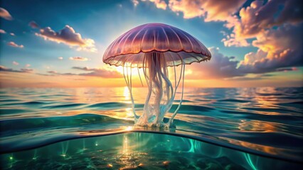Wall Mural - serene sunset a jellyfish gracefully floats in the tranquil ocean waters, bathed in the golden hues 