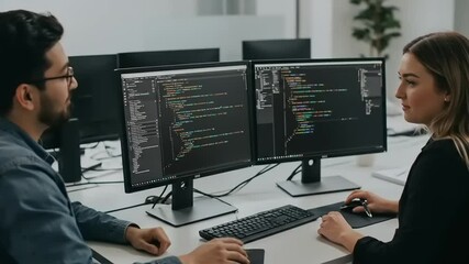 Two software developers collaborating on coding tasks in a modern office with multiple monitors