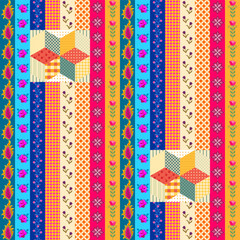 Wall Mural - Beautiful seamless pattern of vertical ornamental bright stripes and rectangles with patchwork stars. Print on fabric in ethnic style.