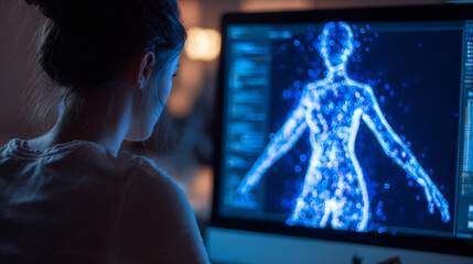 female programmer is focused on her computer screen, visualizing digital representation of human bod