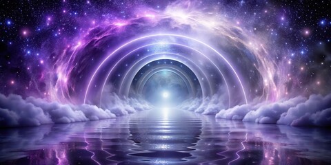Wall Mural - A Celestial Gateway Beckons Through a Dreamlike Nebula, Reflected in a Calm, Otherworldly Sea