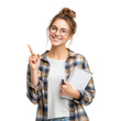 © kageyama - A young woman with glasses smiles while holding a notebook and pen. standing against a plain white background. conveying a sense of inspiration and creativity for educational or professional use
