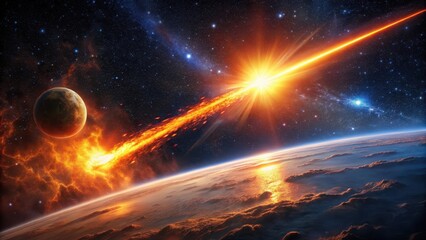 Wall Mural - Cosmic Collision A Fiery Celestial Body Impacts a Planet's Atmosphere, Leaving a Trail of Ignited Debris and Radiant Energy