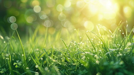 Wall Mural - A fresh spring sunny garden background of green grass and blurred foliage bokeh.