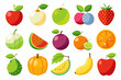 © Anisur - Collection of colorful cartoon style fruit illustrations including apple orange watermelon banana strawberry melon passion fruit and more isolated on a white background