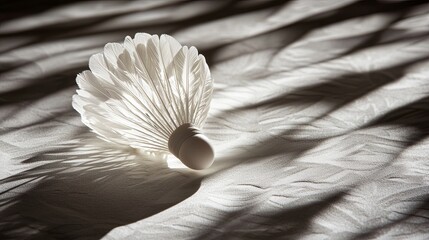 High detail macro view of white feather shuttlecock on textured surface with soft shadows, showcasing fine feather texture, smooth curves, and sports object minimalism in a clean close-up composition
