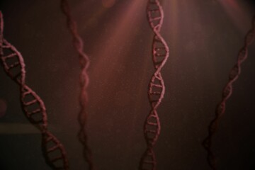 Wall Mural - central dna helix is glowing under red beam in dark science illustration with floating particles
