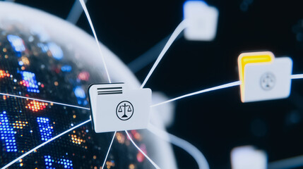 Wall Mural - digital justice: a conceptual representation of interconnected digital files, symbolizing the comple