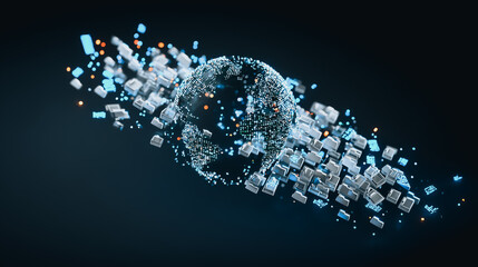 Wall Mural - global network: an artistic and dynamic illustration of a world map, composed of interconnected cube