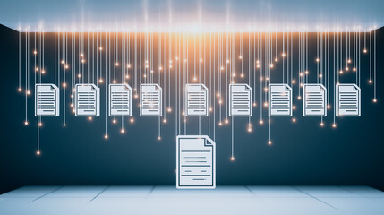 Wall Mural - data stream: a conceptual image of documents is floating in a digital space, where documents connect
