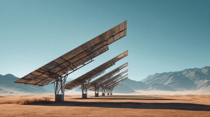 Ground-level perspective of modern solar panel array in sandy desert, strong sunlight, minimal vegetation, showcasing large-scale solar infrastructure