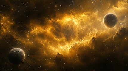 golden nebula and planets in space