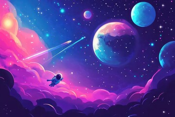 Wall Mural - journey through a vibrant cosmic landscape highlighting planets and an astronaut, space journey slow