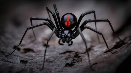 Black widow spider with red markings on its abdomen crawls on ground
