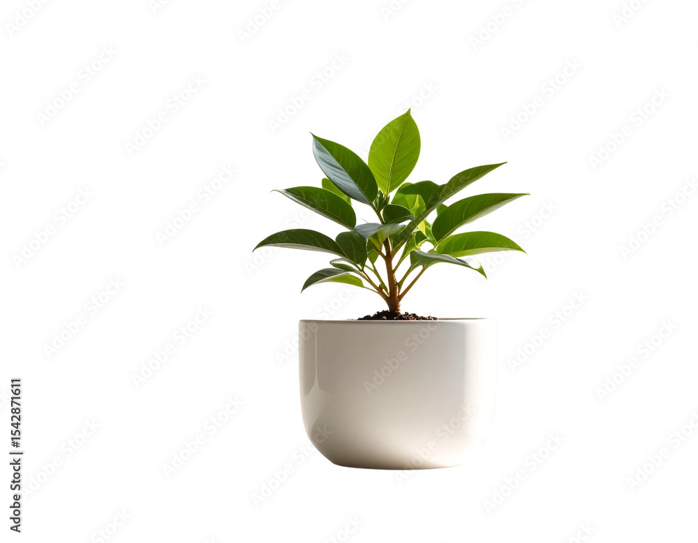 Small potted plant with green leaves sits in a white ceramic pot Stock ...