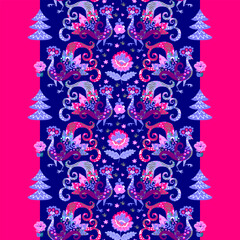 Wall Mural - Print for towel with fairytale peacocks with floral ornament. Seamless pattern with birds and flowers.