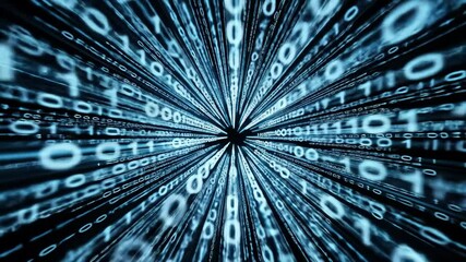 Digital burst with binary code, a futuristic technology concept, data stream with blue numbers on black background, abstract illustration.