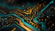 © Ameen - A close up view of a circuit board with gold and teal lines creating an abstract technology pattern