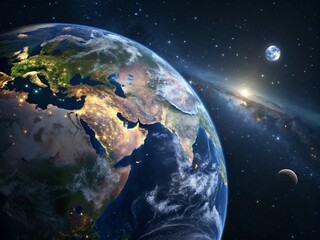 Wall Mural - blue planet earth, a global sphere in the night sky, with stars, the sun, and the moon in the univer