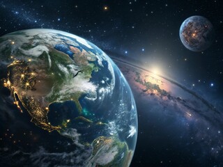 Wall Mural - blue planet earth in the vast night sky, a global sphere with stars and oceans