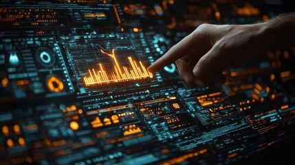 Wall Mural - A hand pointing at a glowing graphical display.
