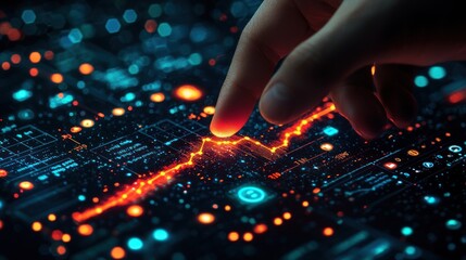 Wall Mural - A hand interacts with a glowing digital display showing a data graph.