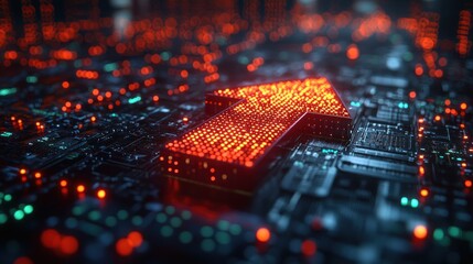 Wall Mural - illuminated upward arrow on a circuit board.