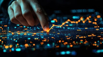 Wall Mural - A hand points to a glowing line graph on a digital display.