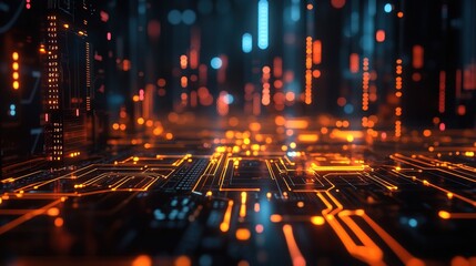 A glowing circuit board-themed data visualization chart 