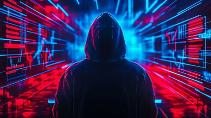 Hooded hacker standing in digital cyberspace with red and blue data lights