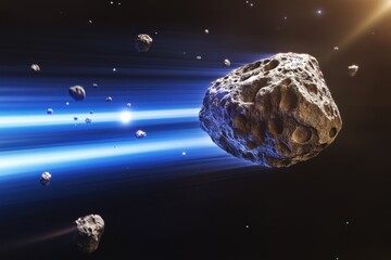 Wall Mural - asteroids journeying through the solar system create a spectacular cosmic display, 3d of asteroids f