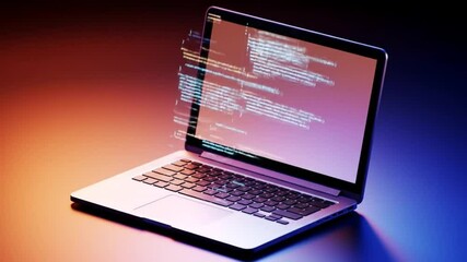 Futuristic laptop with code overlay for software development and technology concept