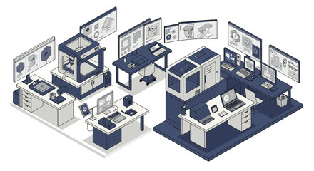 Futuristic laboratory workspace with innovative technology and digital interfaces vector illustration isometric