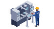 © Santiago - Industrial automation technology with engineer operating cnc machine for manufacturing process vector illustration isometric